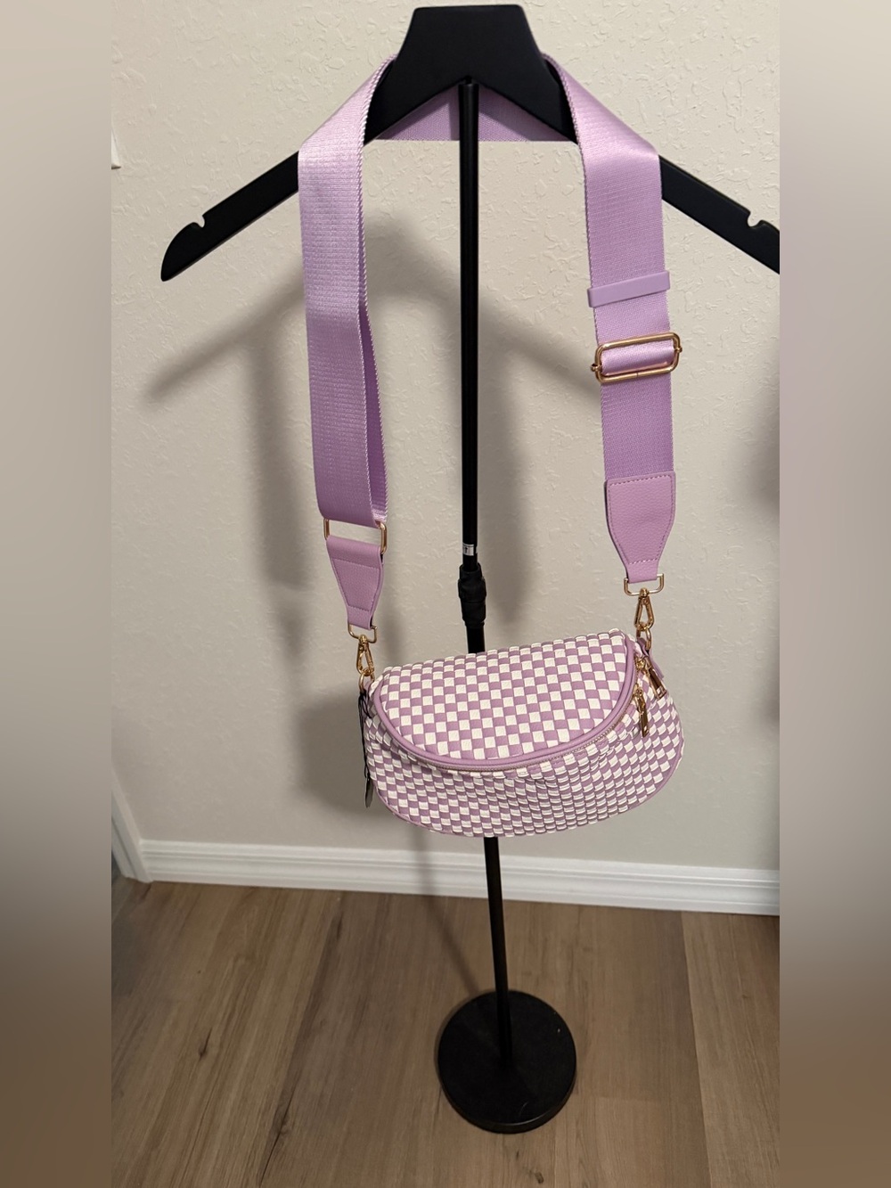 Lilac Checkered Crossbody Bag with Wide Strap
